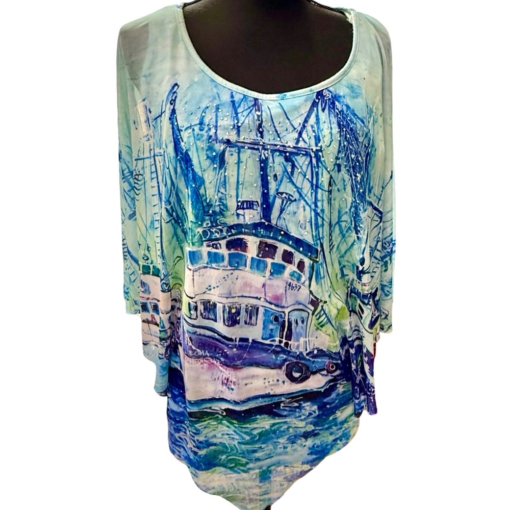 Leoma Lovegrove L Nautical Boat Art Top Rhinestone Coastal Tunic Blue SZ L